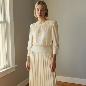 80s Vtg Nilani Silk Damask Pleated Mother Of The Bride Lady Di Midi Cream Dress